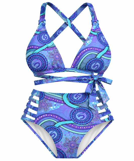 “Walking Together On Country” (Purple) women’s High Wasted Bikini Set