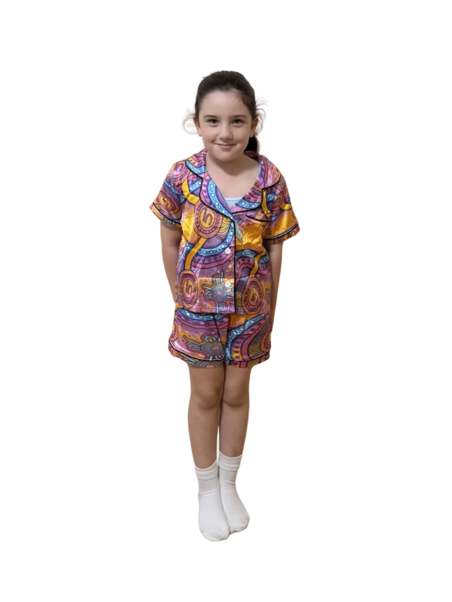 “Walking Together On Country” (Pink) Kids Satin Pyjama Set