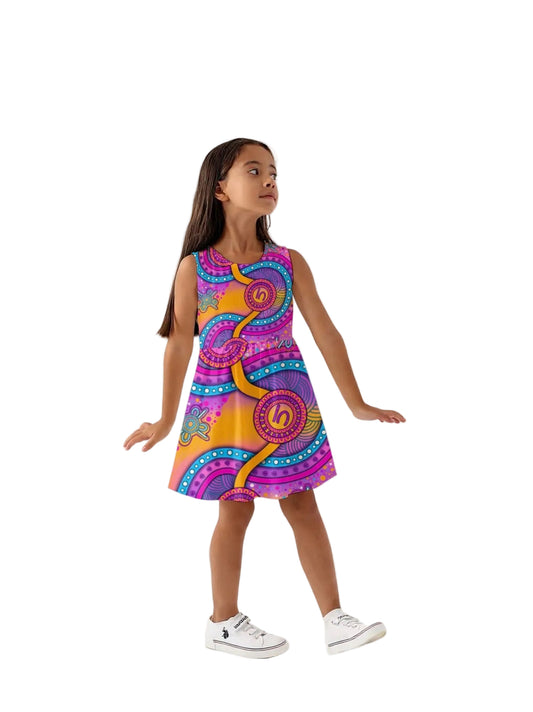 “Walking Together On Country” (Pink) Kids Nanna Dress