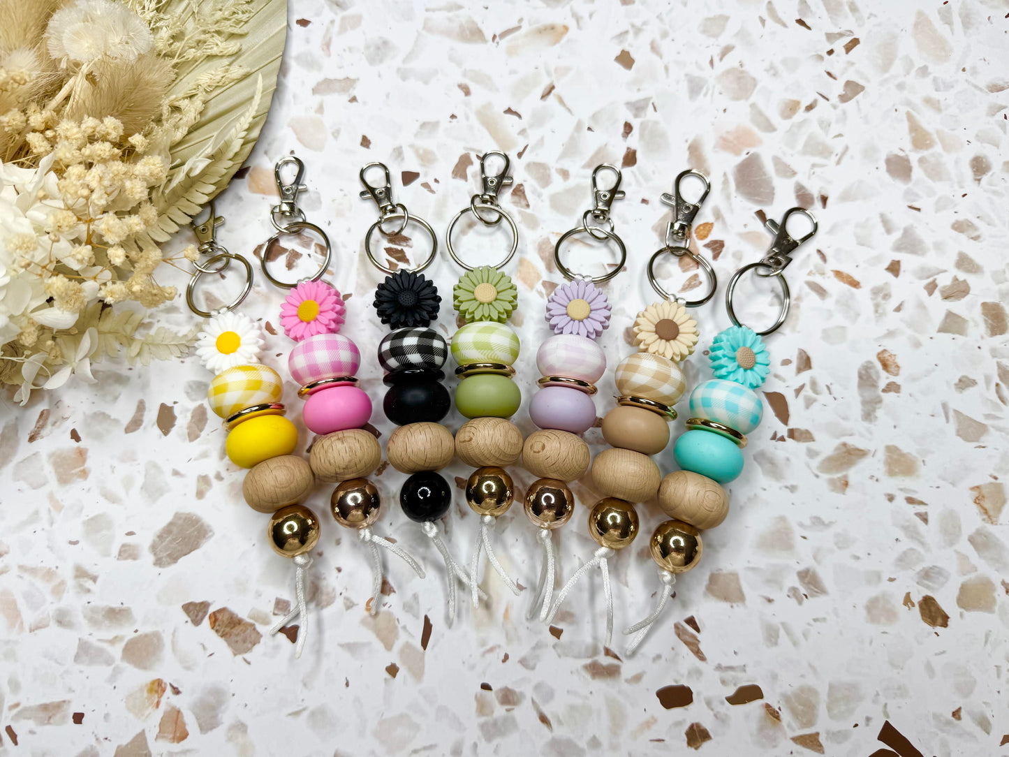 Daisy Flower Gingham Keychain