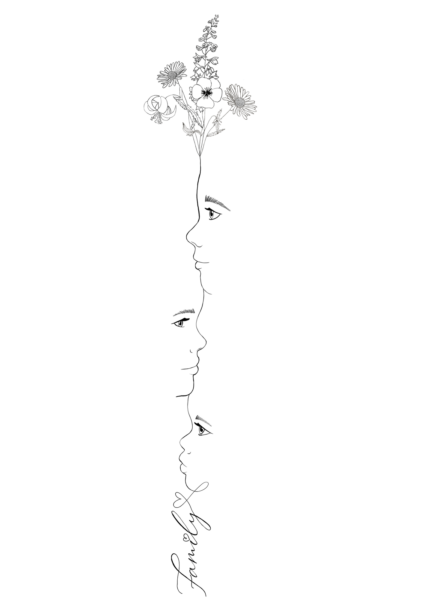 Children Portrait Fine Line With Birth Flowers Tattoo Designs