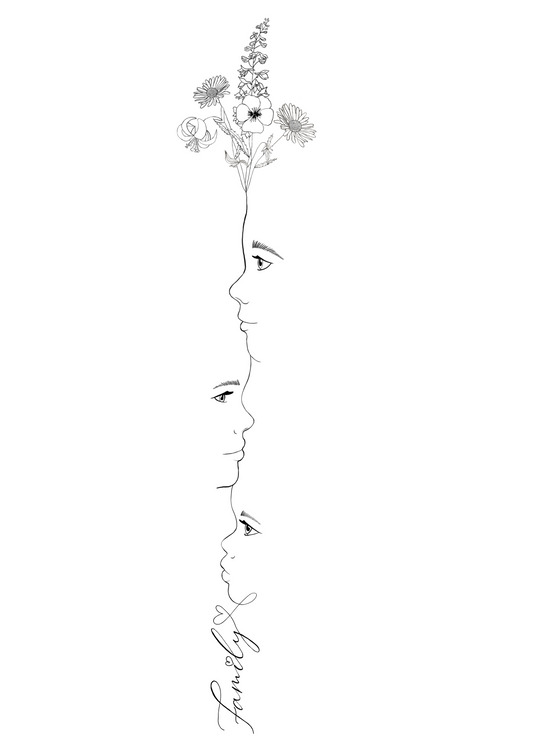 Children Portrait Fine Line With Birth Flowers Tattoo Designs