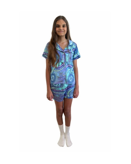 “Walking Together On Country” (Purple) Kids Satin Pyjama Set