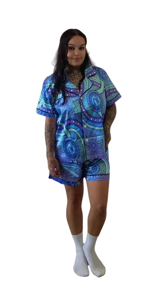 “Walking Together On Country” women’s Satin Pyjamas Set (purple)